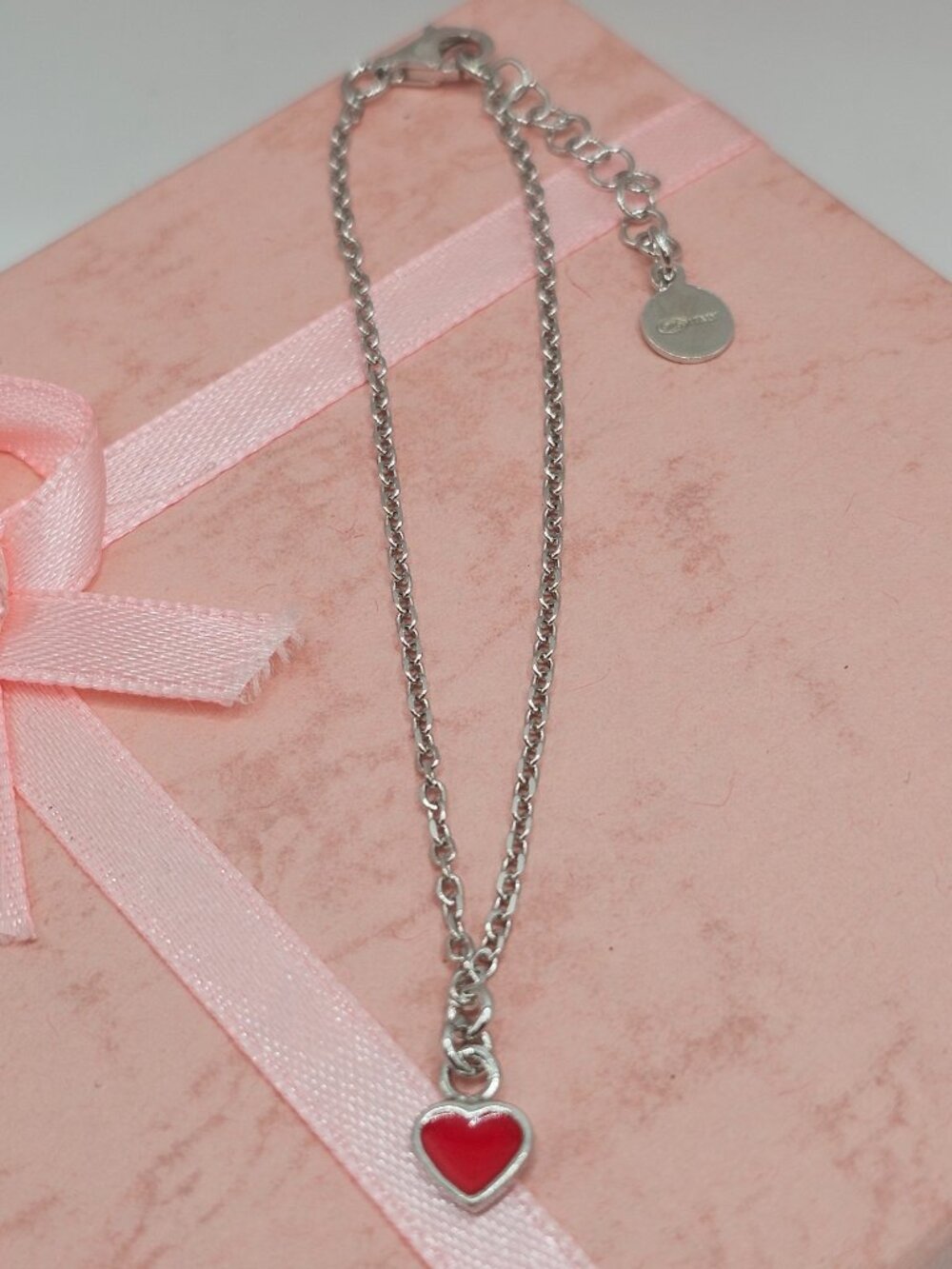 Sterling Silver 925 Rhodium Plated Rolo Link Red Enamel Heart Bracelet - Picture 11 of 15